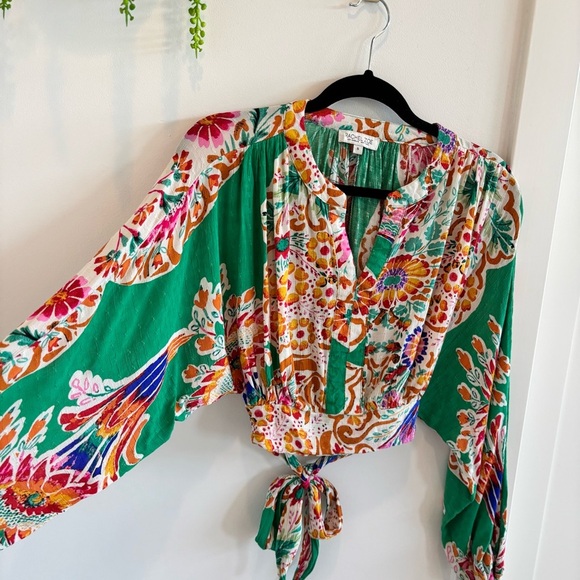 Rachel Zoe Floral Cropped Blouse Women's Size Small Long Sleeve Tie Back Top - Picture 3 of 8